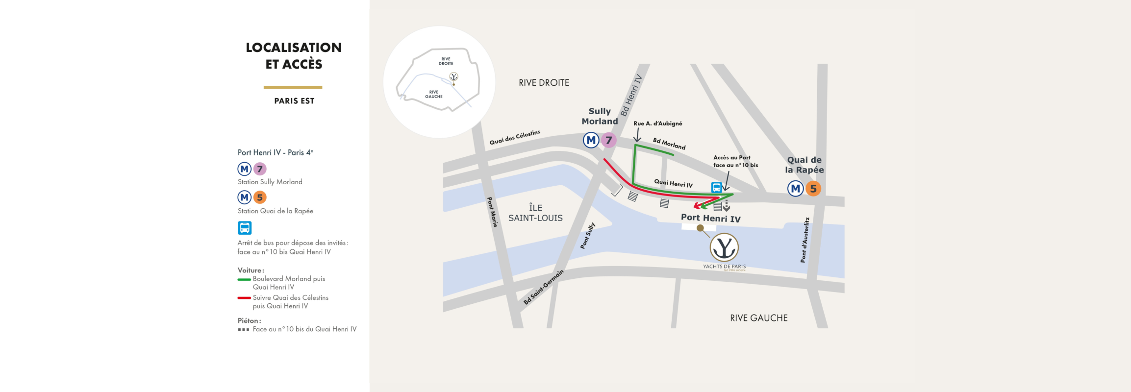 Plan d'accès Yachts de Paris, Port Henri IV Paris 4e, métro lignes 7 et 5